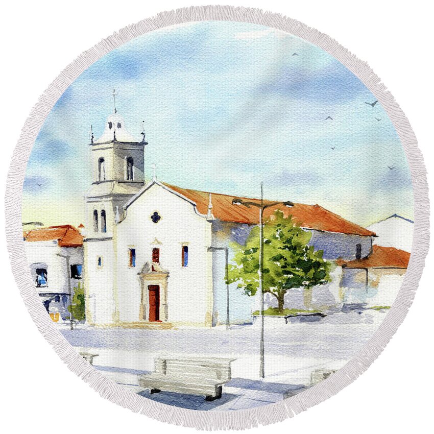 Portugal Round Beach Towel featuring the painting Igreja Matriz de Cantanhede Portugal Painting by Dora Hathazi Mendes