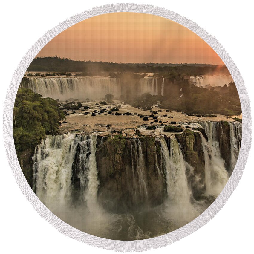 Waterfall Round Beach Towel featuring the photograph Iguazu Sunset by Linda Villers