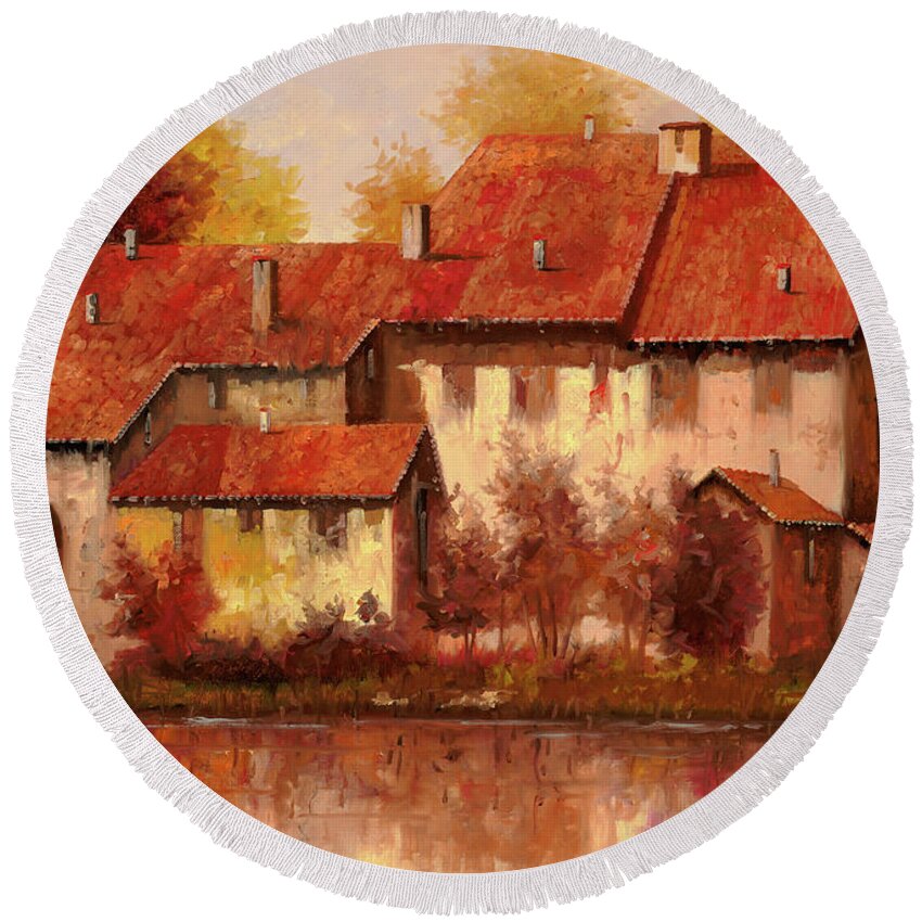 Landscape Round Beach Towel featuring the painting Il Borgo Rosso by Guido Borelli