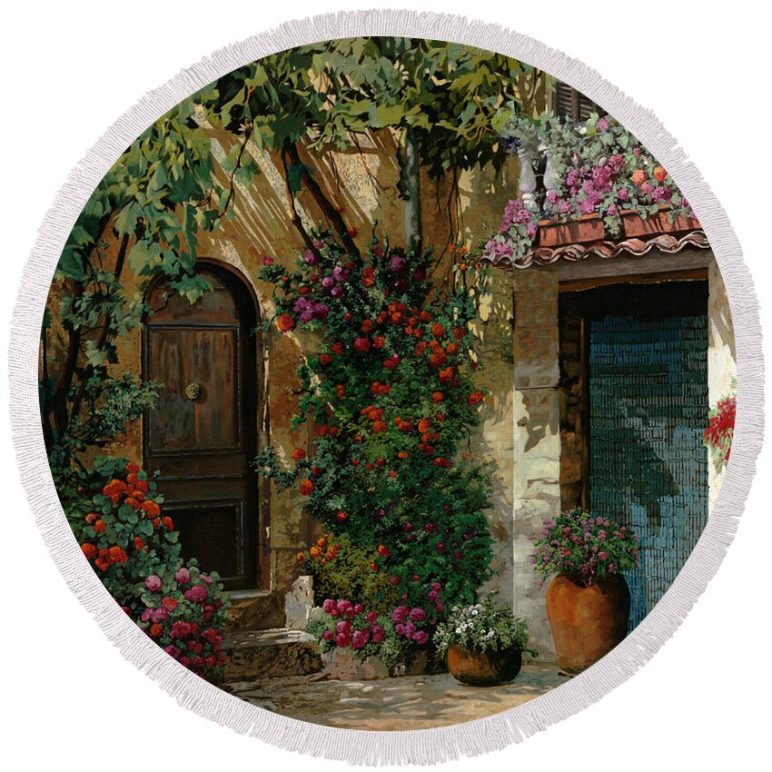 Landscape Round Beach Towel featuring the painting Fiori In Cortile by Guido Borelli