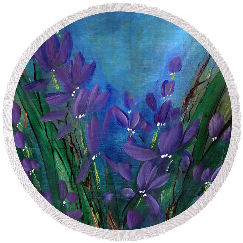 Garden Round Beach Towel featuring the painting Imaginary Garden - Dancing Orchids by Charlene Fuhrman-Schulz