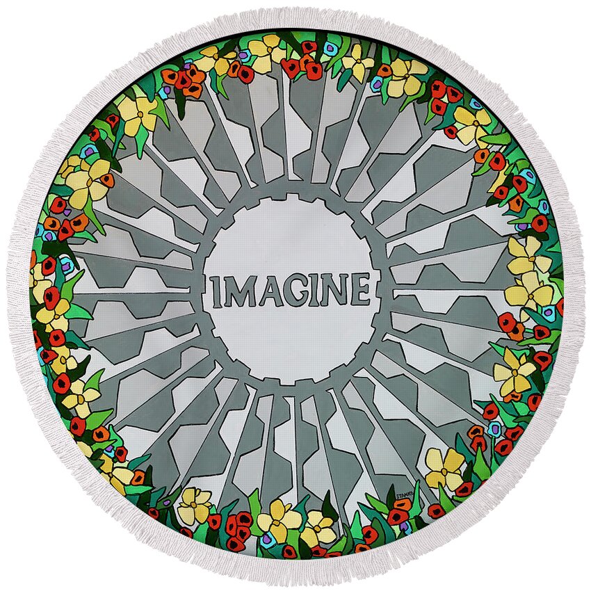 Imagine John Lennon Peace Strawberry Fields Round Beach Towel featuring the painting Imagine by Mike Stanko