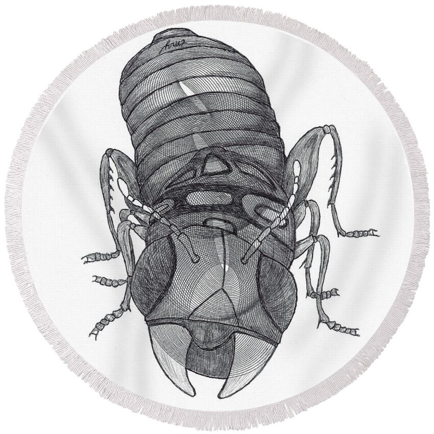 Insect Round Beach Towel featuring the drawing Improbable Bug by Teresamarie Yawn