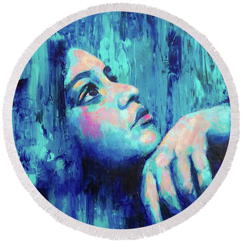Bold Portrait Painting Round Beach Towel featuring the painting In and Out of Blues by Luzdy Rivera