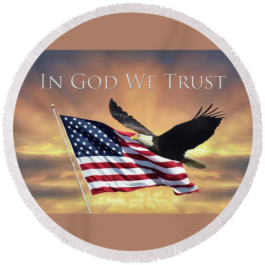 Eagle Round Beach Towel featuring the mixed media In God We Trust by Lori Deiter