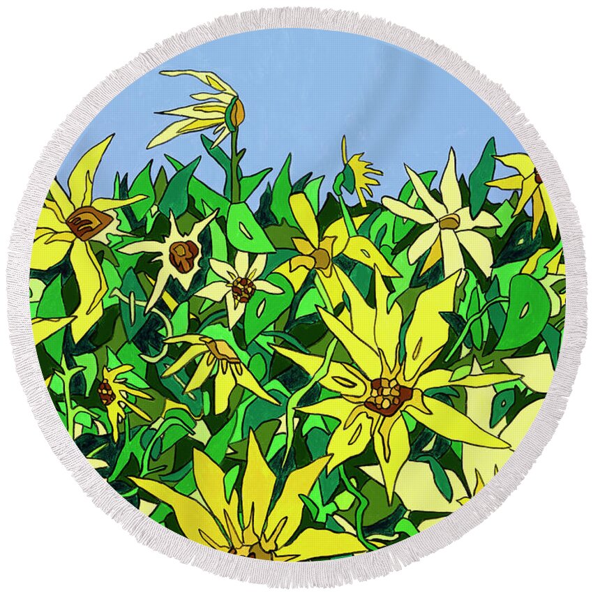 Sunflowers Long Island Summer Flowers Sun Round Beach Towel featuring the painting In Northfork Gardens by Mike Stanko