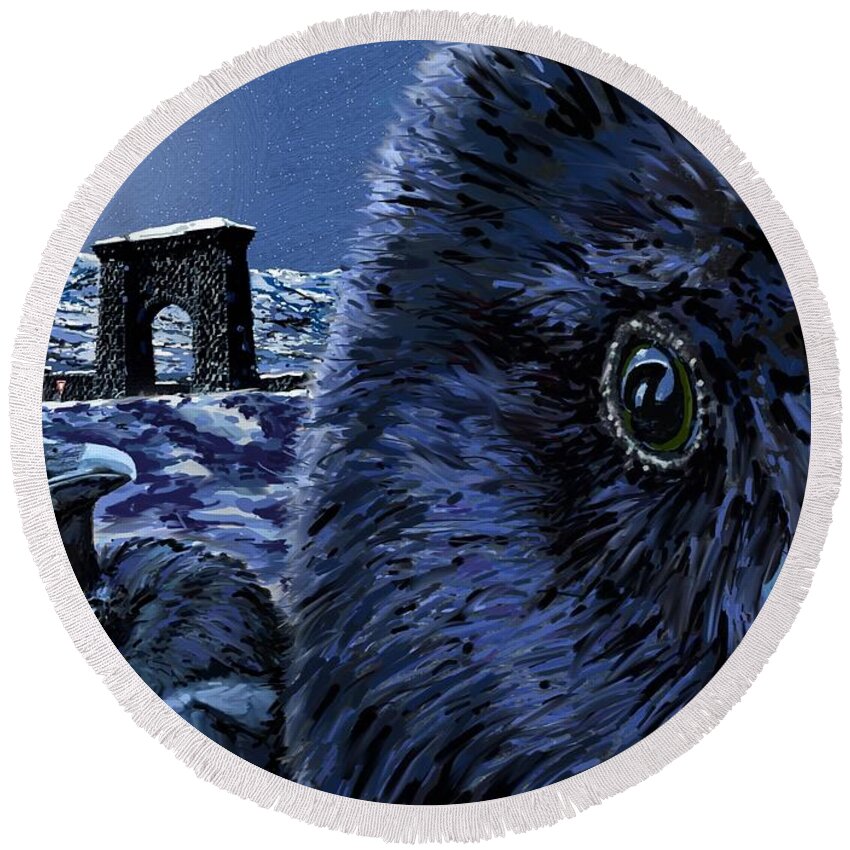 Raven Round Beach Towel featuring the digital art In the Eye of the Raven by Les Herman