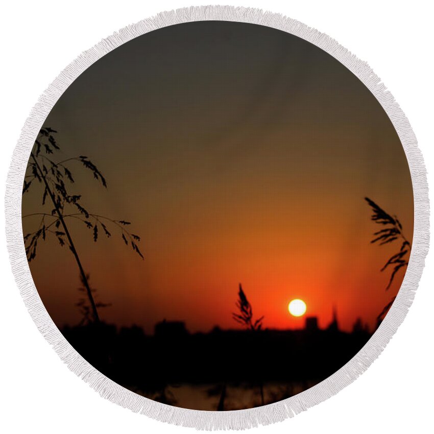 Nature Round Beach Towel featuring the photograph In the Vermilion Fields of Twilight by Leonida Arte