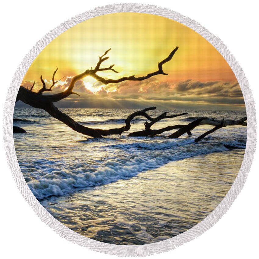 Clouds Round Beach Towel featuring the photograph Incoming Waves at Driftwood Beach Jekyll Island by Debra and Dave Vanderlaan