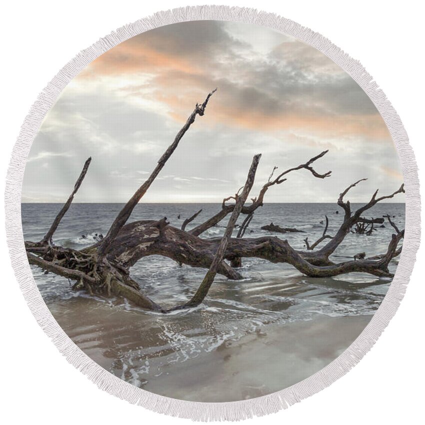 Clouds Round Beach Towel featuring the photograph Incoming Waves Jekyll Island Dawn Beachhouse Hues by Debra and Dave Vanderlaan