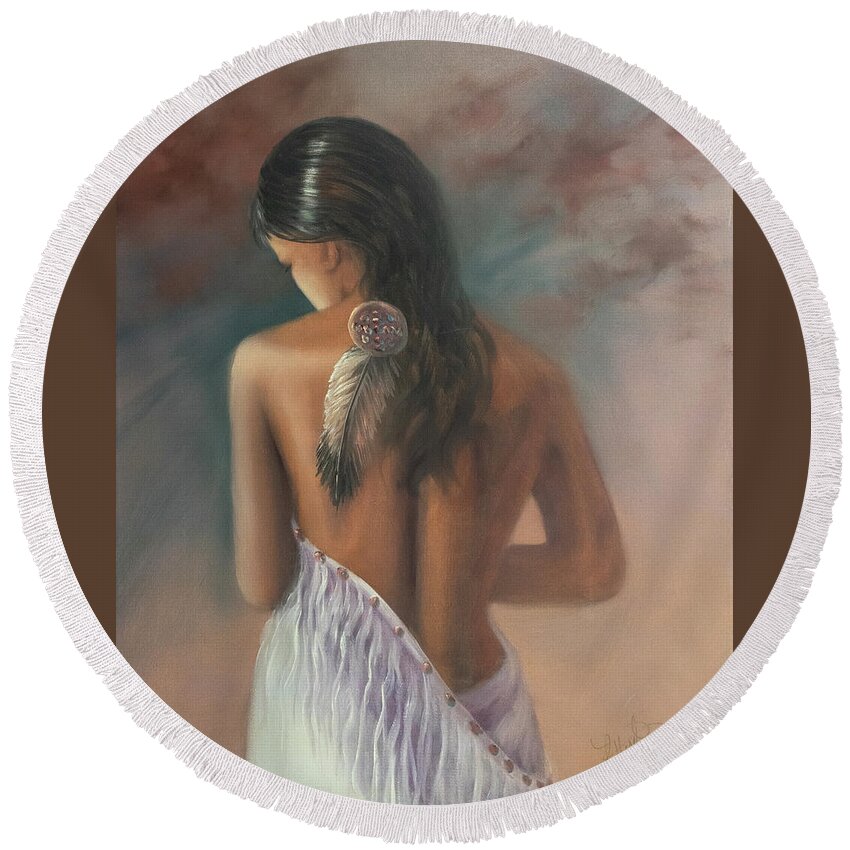 Portrait Round Beach Towel featuring the painting Indian Maiden by Lynne Pittard