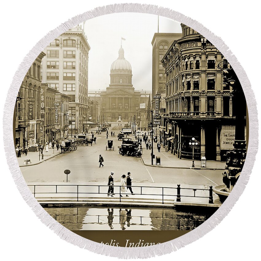 Indianapolis Round Beach Towel featuring the photograph Indianapolis, Indiana, Downtown Area, c. 1915, Vintage Photograp by A Macarthur Gurmankin