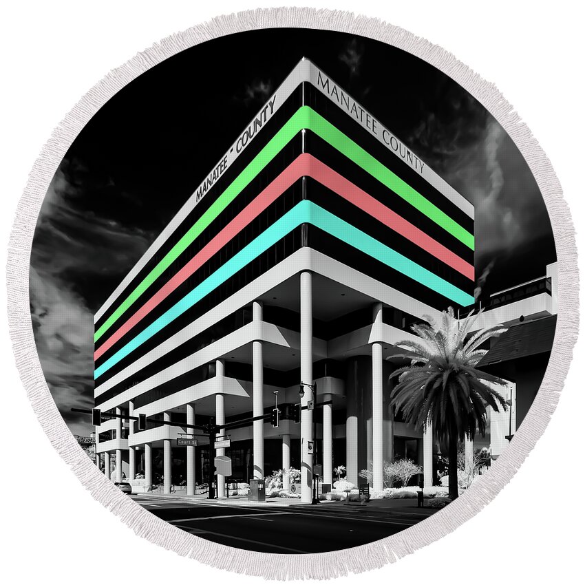 Infrared Round Beach Towel featuring the photograph Infrared Color Striped Office Building by Rolf Bertram