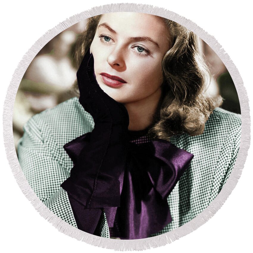 Ingrid Bergman Round Beach Towel featuring the photograph Ingrid Bergman colorized by Movie World Posters