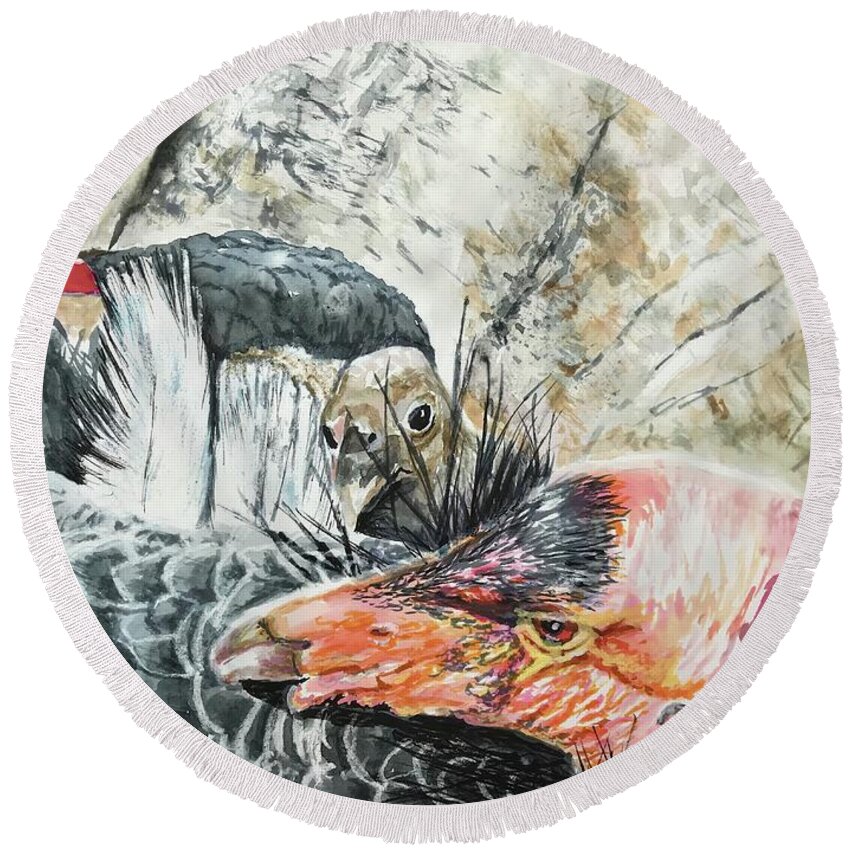 Condors Round Beach Towel featuring the painting Iniko and Redwood Queen by Cynthia Sorensen