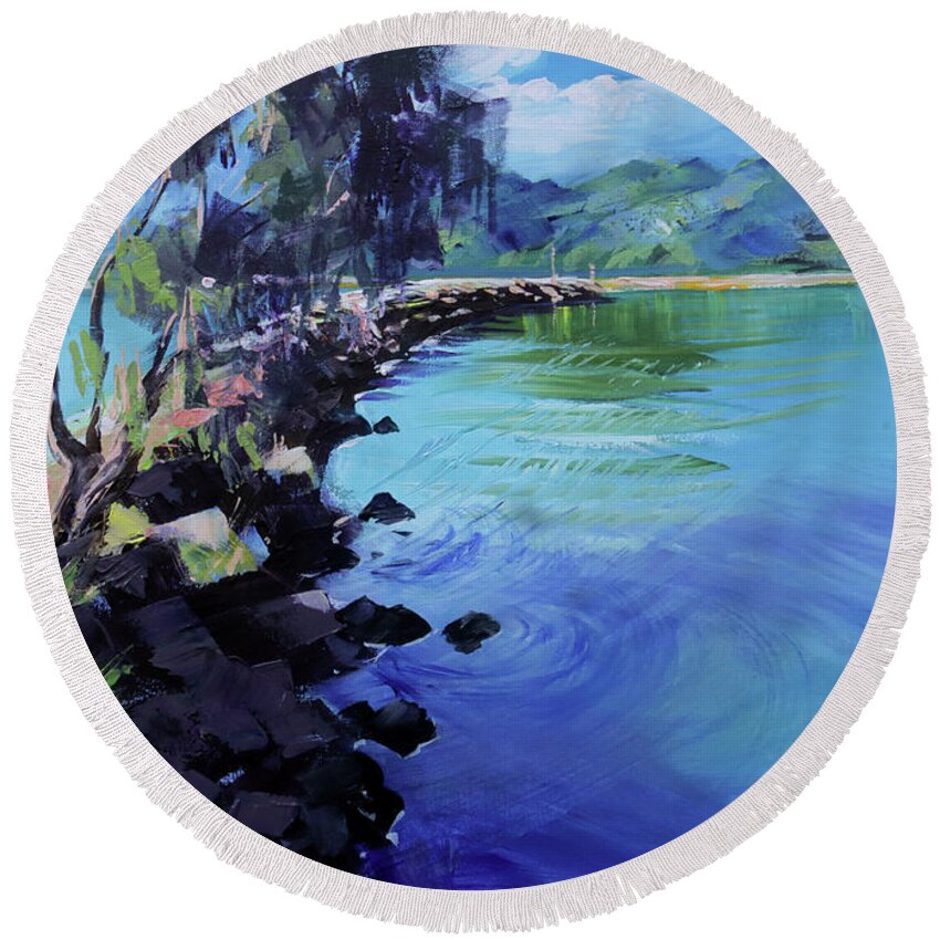 Landscape Round Beach Towel featuring the painting Inner Harbour by Shirley Peters