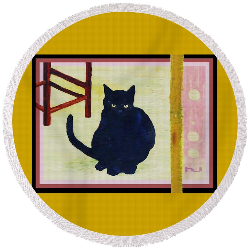 Cat Round Beach Towel featuring the painting Inscrutable by Hartmut Jager