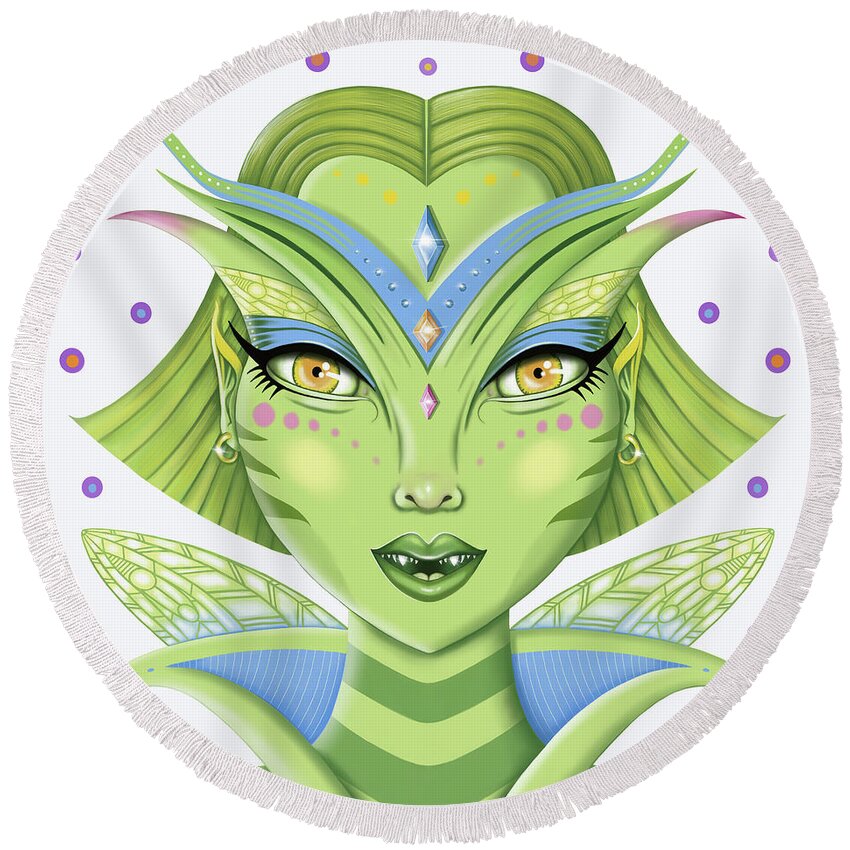 Fantasy Round Beach Towel featuring the digital art Insect Girl, MantisAnne - Sq.White by Valerie White