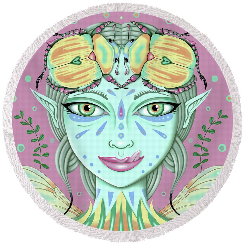 Fantasy Round Beach Towel featuring the digital art Insect Girl, Scarabella - Sq. Rose by Valerie White