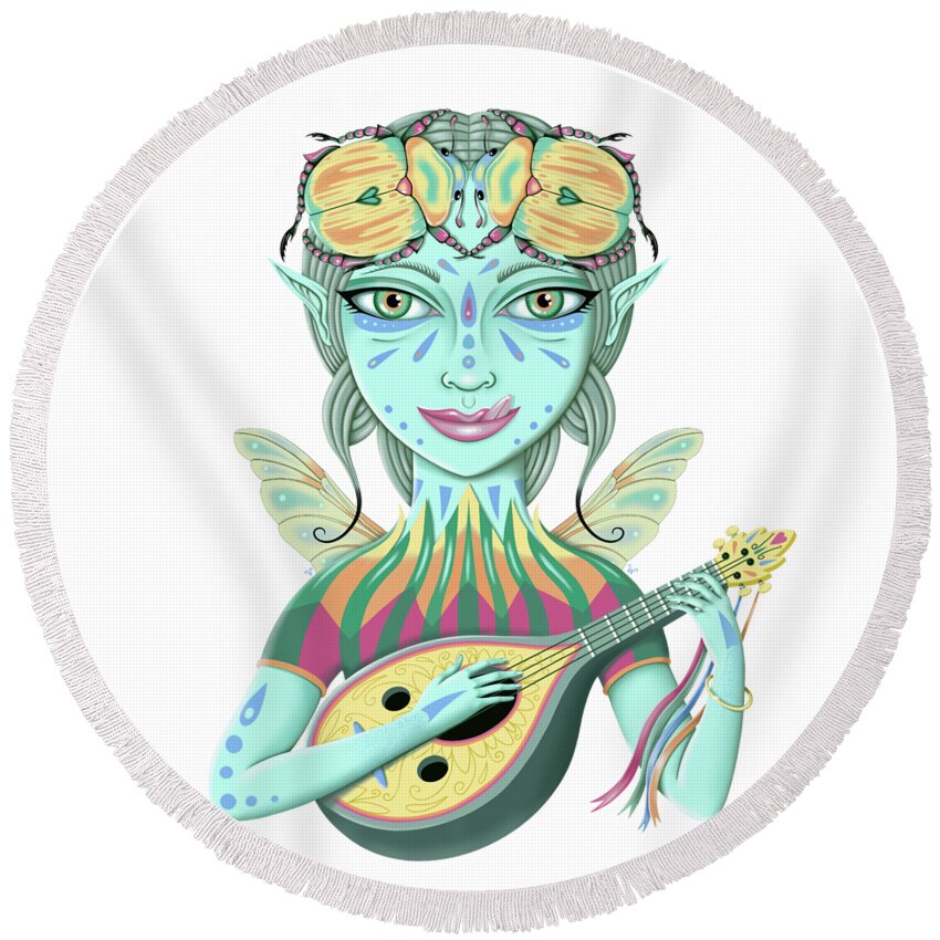 Fantasy Round Beach Towel featuring the digital art Insect Girl, Scarabella with Lute by Valerie White