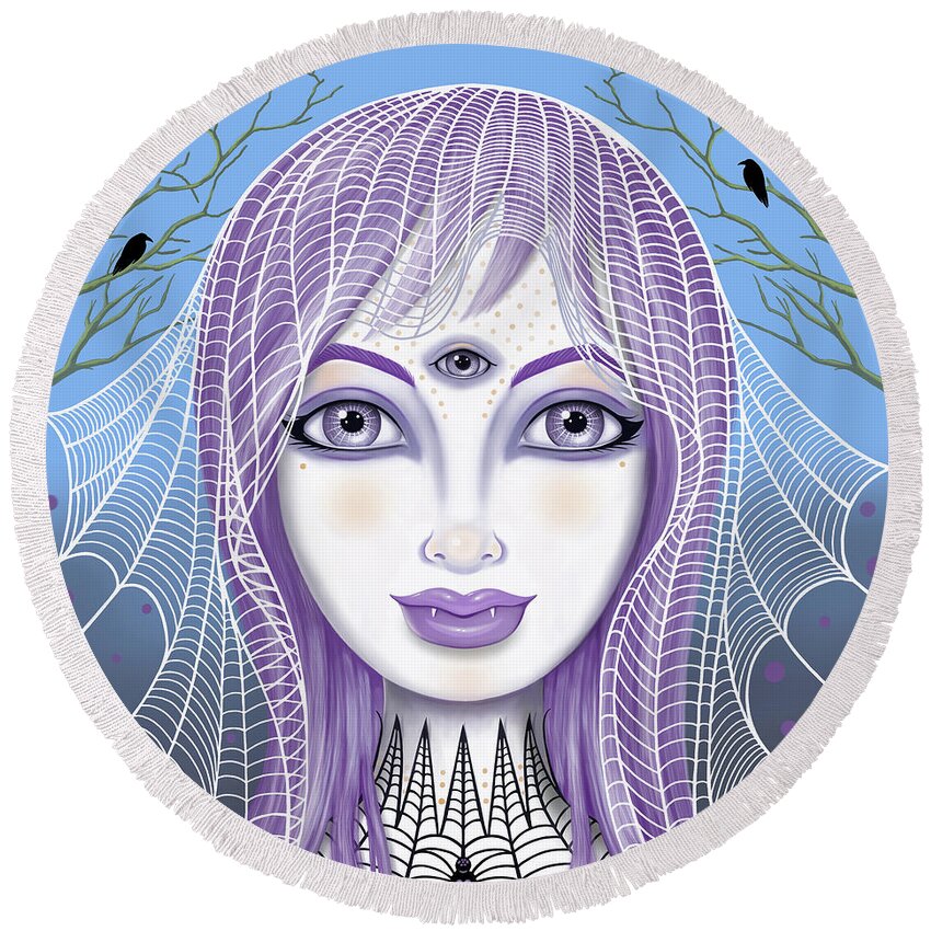 Fantasy Round Beach Towel featuring the digital art Insect Girl, Spiderella at Twilight by Valerie White