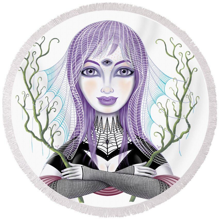 Fantasy Round Beach Towel featuring the digital art Insect Girl, Spiderella with Branches by Valerie White