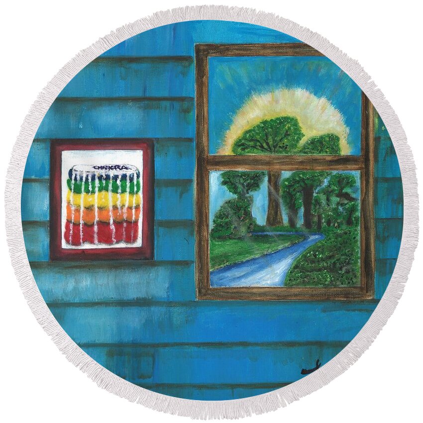 Window Round Beach Towel featuring the painting Inside Outside by Esoteric Gardens KN