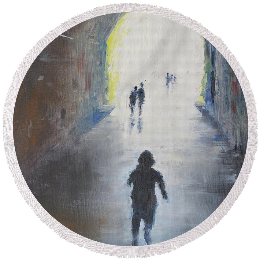 Waterford Greenway Round Beach Towel featuring the painting Into The Light, Ballyvoyle Tunnel, Waterford Greenway by Keith Thompson