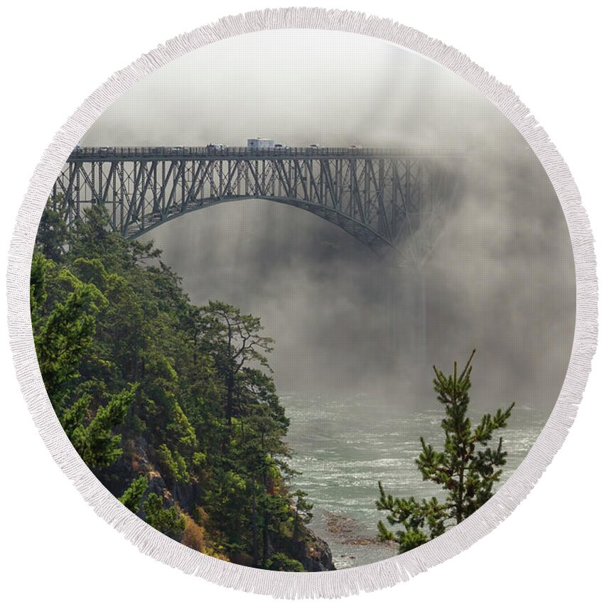 Deception Pass Round Beach Towel featuring the photograph Into The Mist by Michael Rauwolf