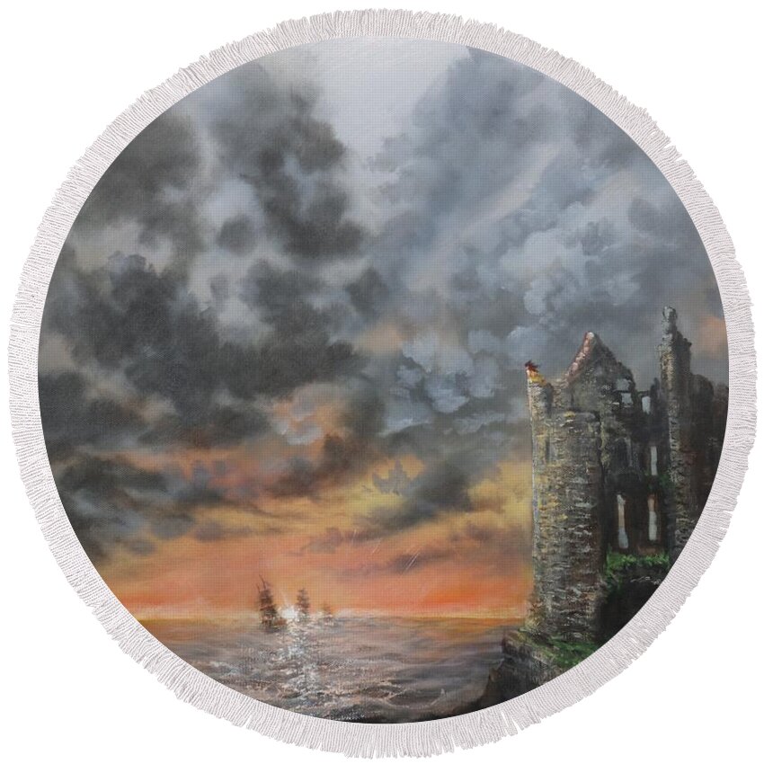 Scotland Round Beach Towel featuring the painting Into the Sun by Tom Shropshire
