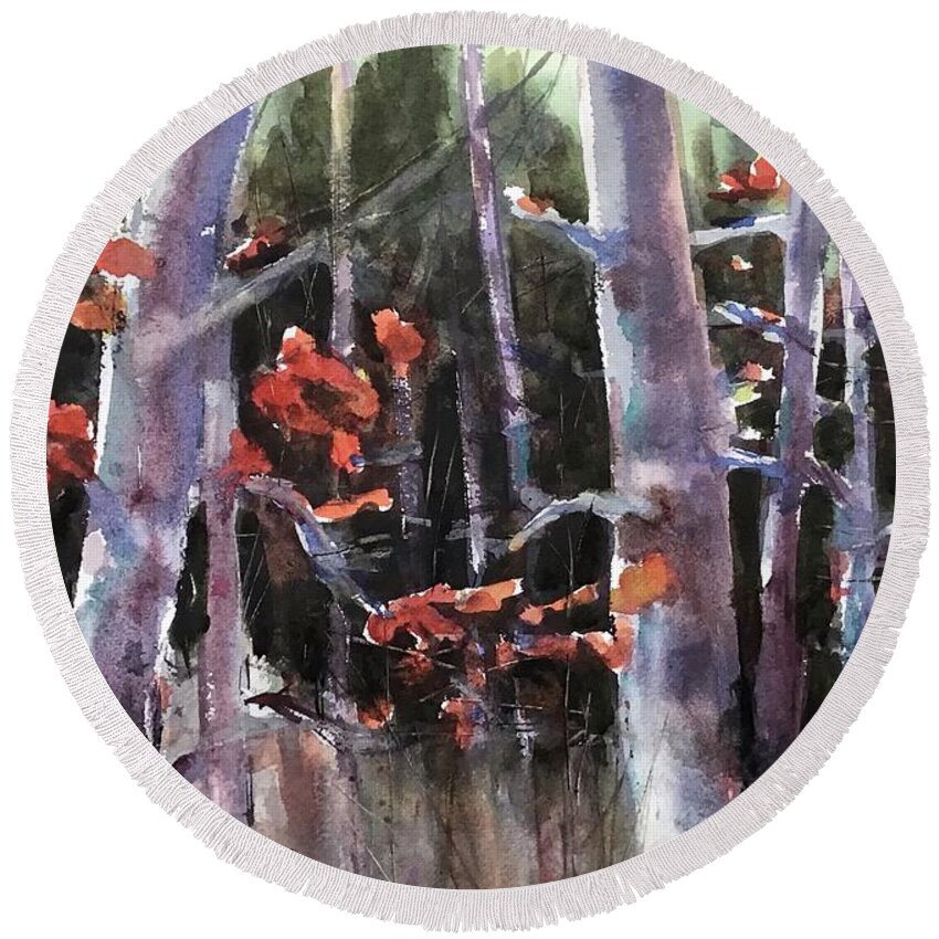 Forest Round Beach Towel featuring the painting Into the Woods by Judith Levins