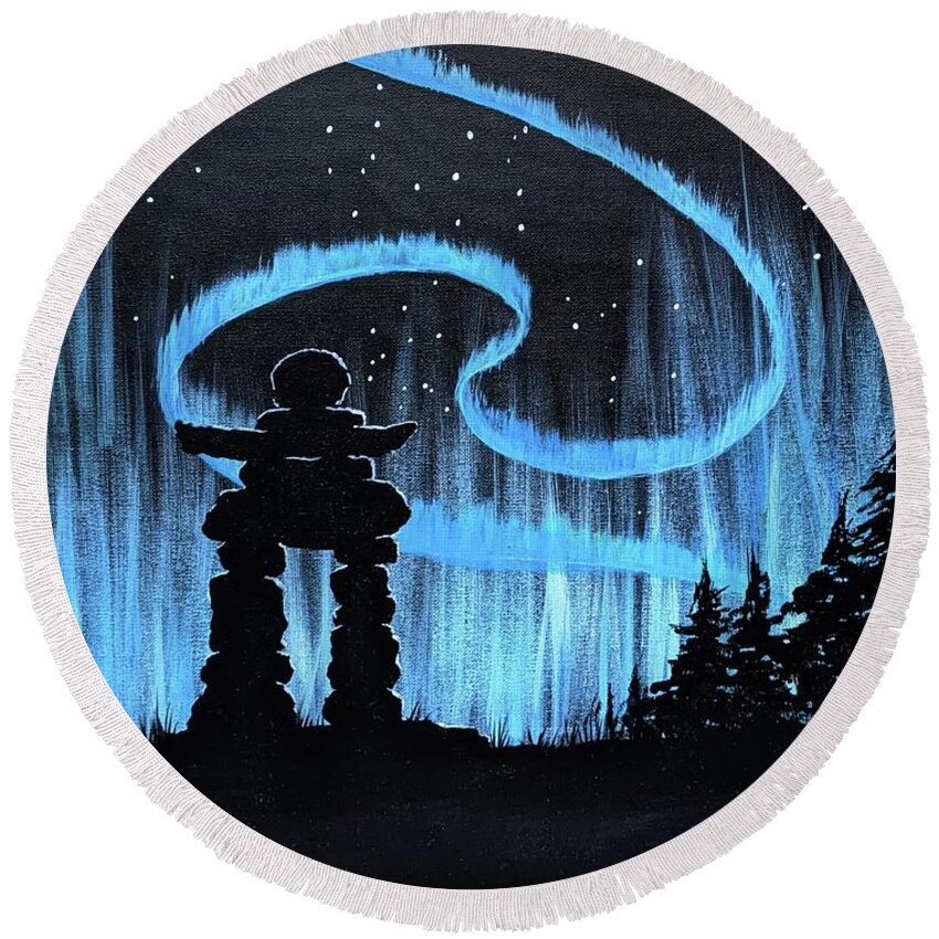 Inukshuk Round Beach Towel featuring the painting Inukshuk by Lisa Mutch