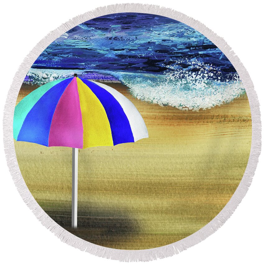 Umbrella Round Beach Towel featuring the painting Invitation To Relax Umbrella On The Sea Shore Beach by Irina Sztukowski