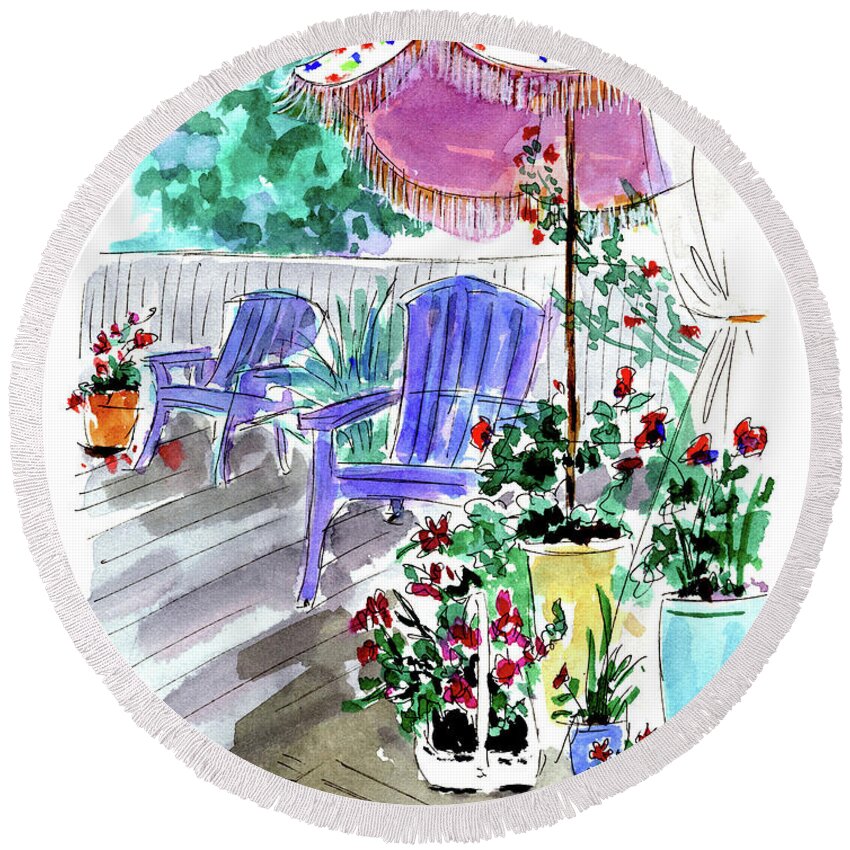 Patio Round Beach Towel featuring the painting Inviting by Adele Bower