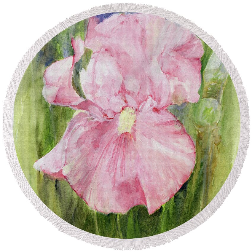  Art Round Beach Towel featuring the painting Iris in Pink by Laurie Rohner