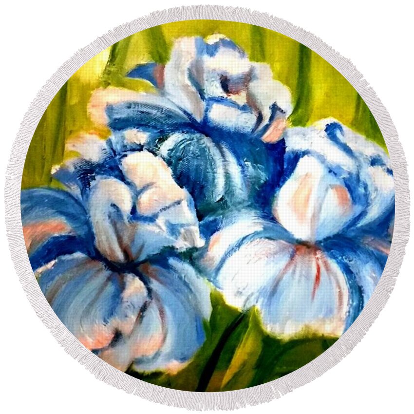 Flowers Round Beach Towel featuring the painting Irises 3 by Tatiana Sragar