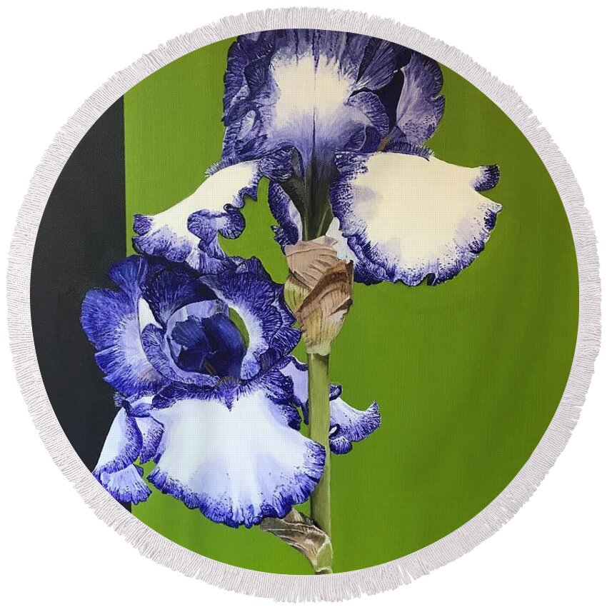 Iris Round Beach Towel featuring the painting Irises by Boots Quimby