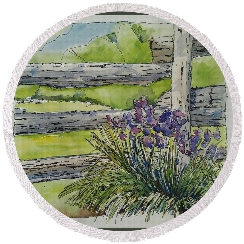 Rustic Garden Round Beach Towel featuring the painting Irises by Sheila Romard