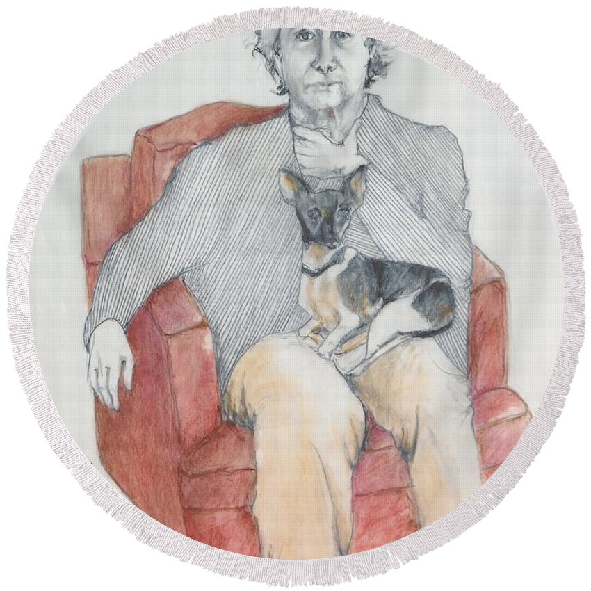 Dog Round Beach Towel featuring the drawing Irving . . . Oh, and Steve by Jayne Somogy