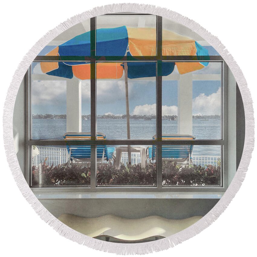 Umbrella Round Beach Towel featuring the photograph Island Umbrella through the Porch Cottage Window by Debra and Dave Vanderlaan