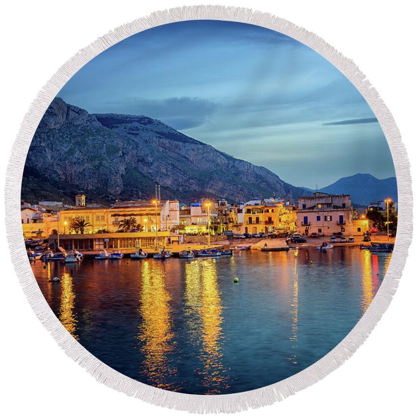 Sicily Round Beach Towel featuring the photograph Isola delle Femmine Harbour by Ian Good