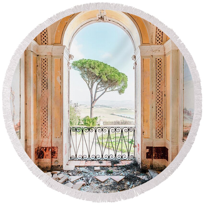 Abandoned Round Beach Towel featuring the photograph Italian View in Decay by Roman Robroek