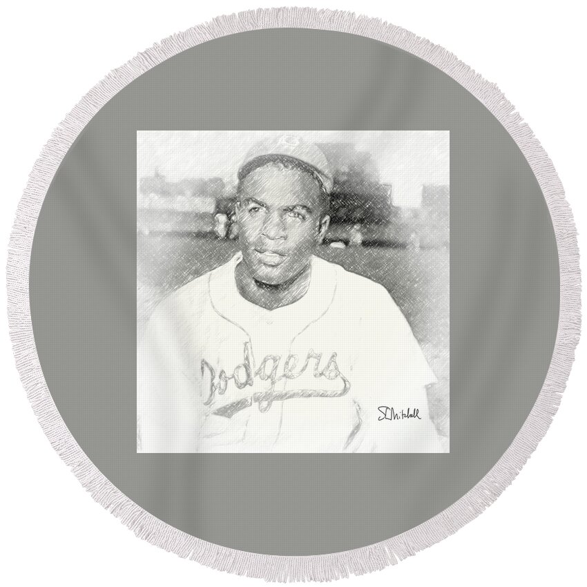 New York Round Beach Towel featuring the drawing Jackie Robinson by Steve Mitchell