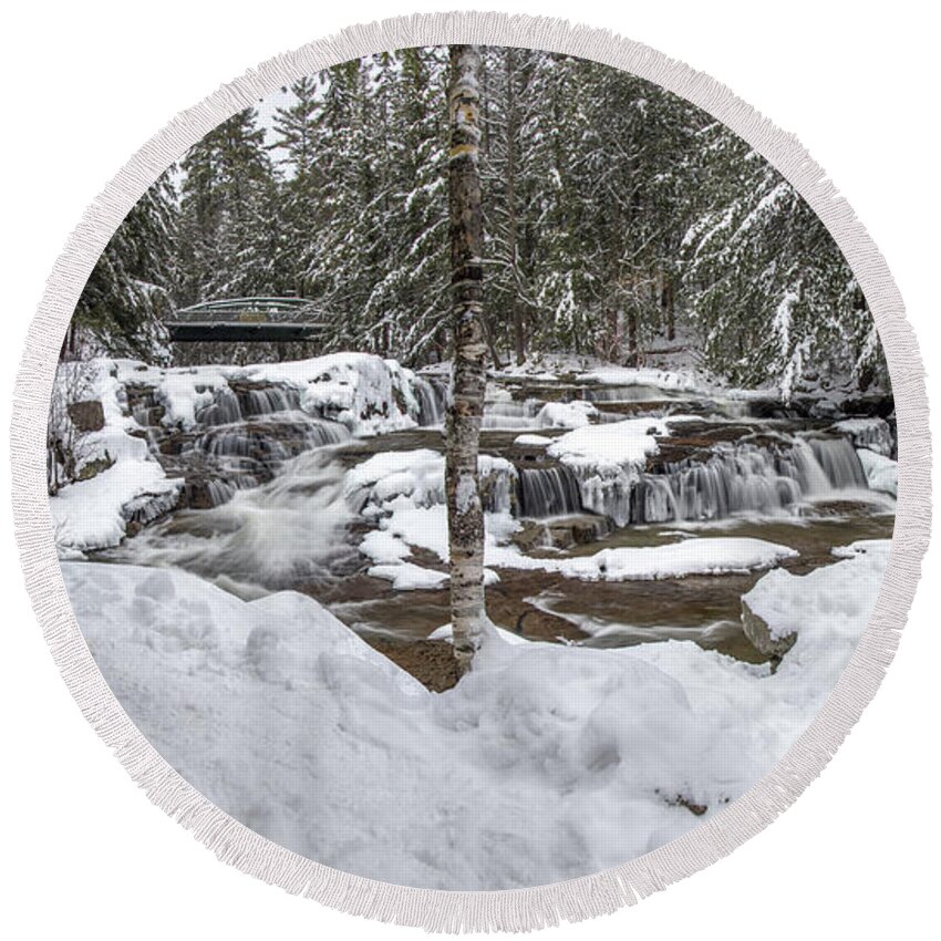 Jackson Round Beach Towel featuring the photograph Jackson Falls Winter Bench Panorama by White Mountain Images