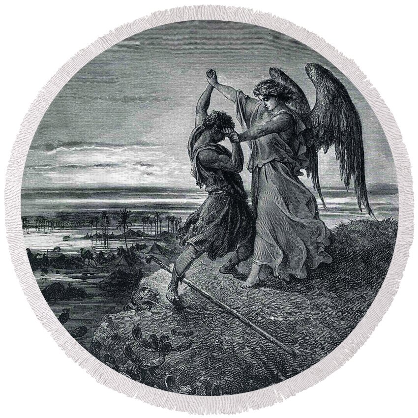 Jacob Round Beach Towel featuring the painting Jacob Wrestling with the Angel by Long Shot