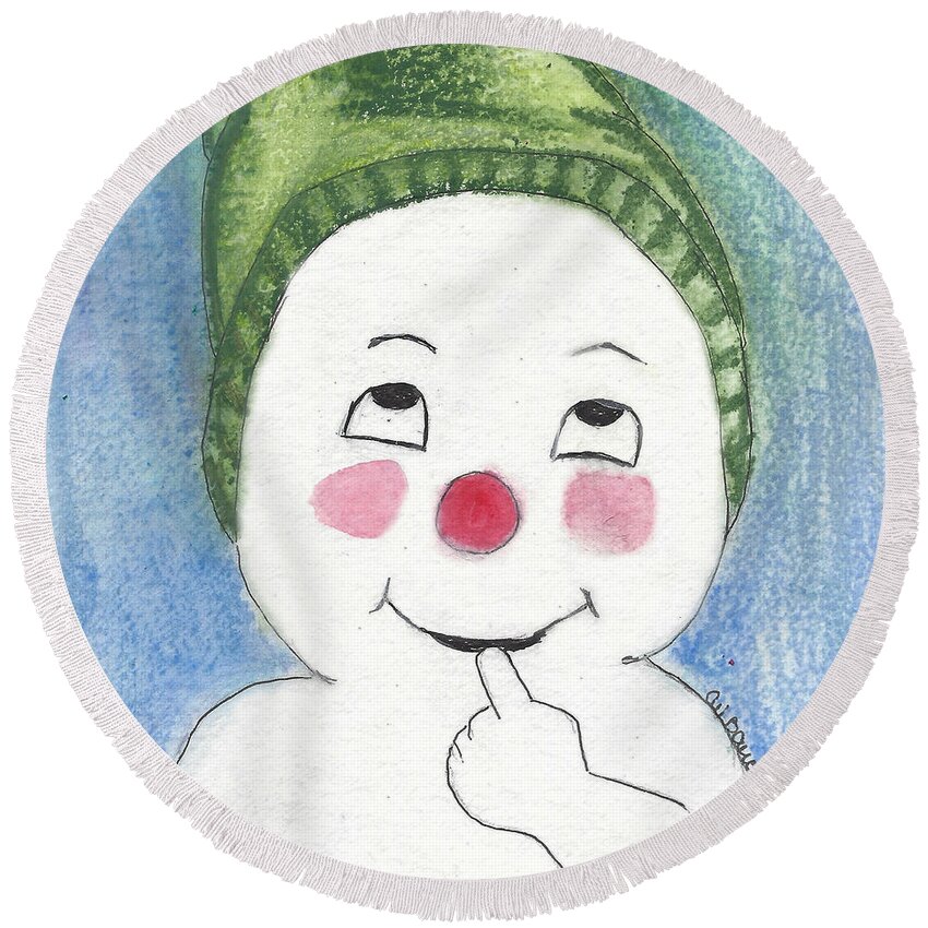 Snowman Round Beach Towel featuring the painting Jacques Frost Snowman with Rosy cheeks and a Green Toboggan by Ali Baucom