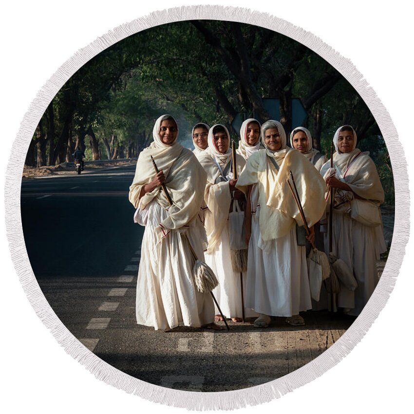 India Round Beach Towel featuring the photograph Jain nuns in Gujarat. by Usha Peddamatham