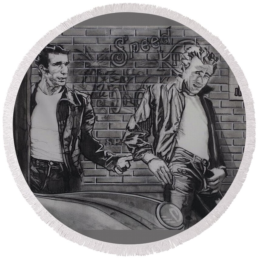 Charcoal Pencil On Paper Round Beach Towel featuring the drawing James Dean Meets The Fonz by Sean Connolly
