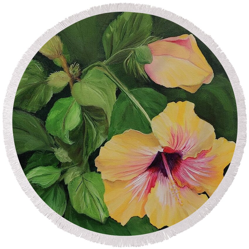 Yellow Hibiscus Round Beach Towel featuring the painting Jamie's Hibiscus by Connie Rish