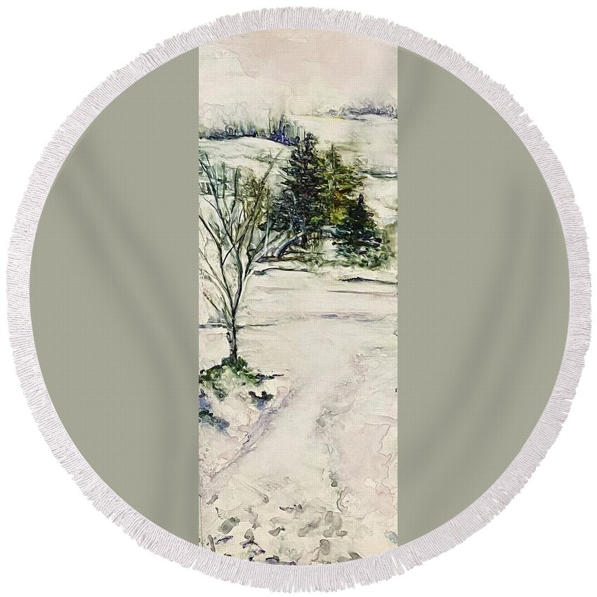 Watercolor Round Beach Towel featuring the painting January Snow by Paula Pagliughi